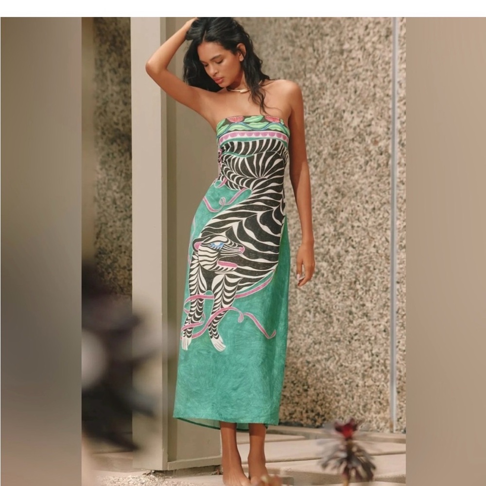Anthropologie Green Zebra Print Midi Dress